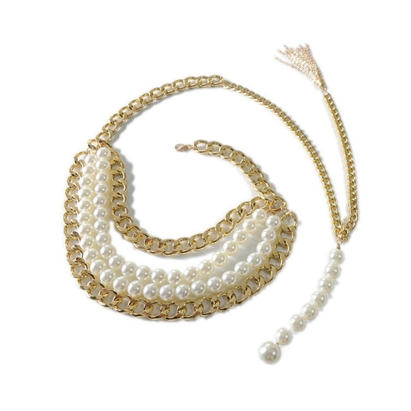 Multi-Layer Thick Chain Pearl Tassel Belt  adjustable to 41 inches (105 cm) - Picture 3 of 6